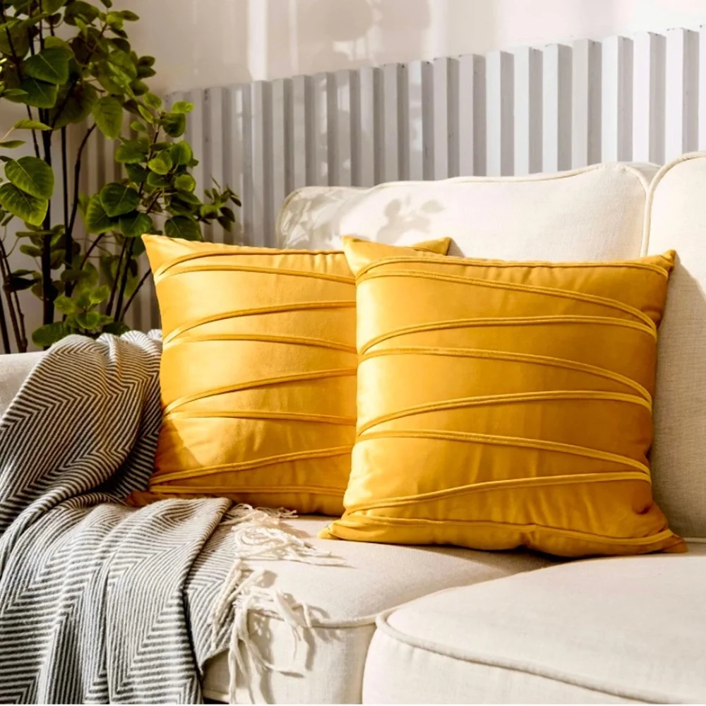 Luxury Home | Chic Modern Mustard Yellow Soft Velvet Striped Throw Pillow Covers